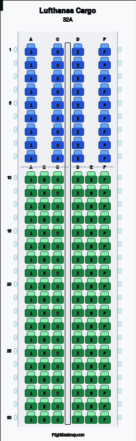 Lufthansa Cargo 32A seat map layout showing 2-class configuration with 150 seats