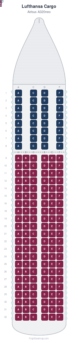 Lufthansa Cargo Airbus A320neo seat map layout for flight LH5 from HAM to FRA