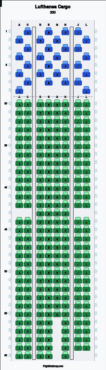 Lufthansa Cargo 330 seat map layout showing 2-class configuration with 267 seats