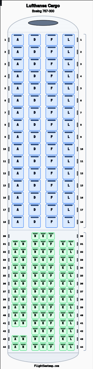 Lufthansa Cargo Boeing 767-300 seat map layout for flight LH7768 from EWR to LHR