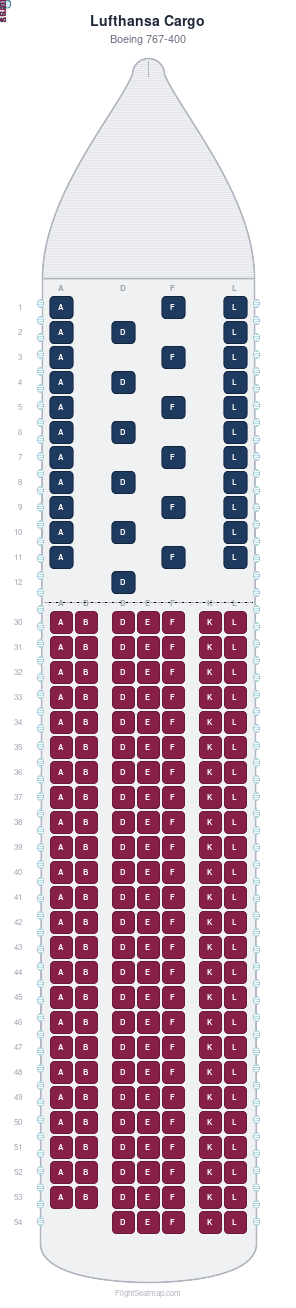 Lufthansa Cargo Boeing 767-400 seat map layout for flight LH7970 from EWR to MAD