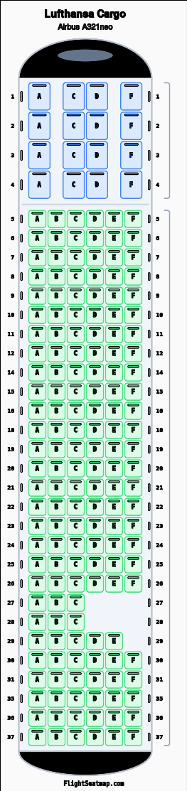 Lufthansa Cargo Airbus A321neo seat map layout showing 2-class configuration with 177 seats