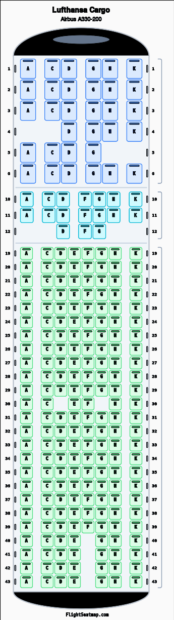 Lufthansa Cargo Airbus A330-200 seat map layout showing 3-class configuration with 243 seats