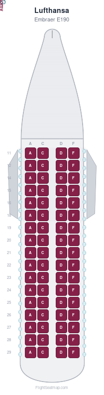 Lufthansa Embraer E190 seat map layout showing 1-class configuration with 68 seats