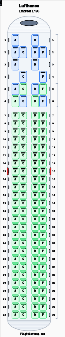 Lufthansa Embraer E195 seat map layout showing 2-class configuration with 122 seats