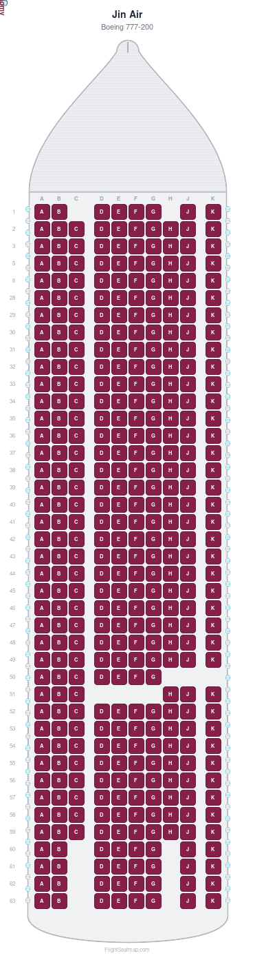 Jin Air Boeing 777-200 seat map layout showing 1-class configuration with 393 seats