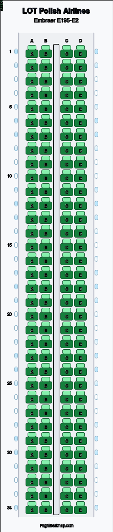 LOT Polish Airlines Embraer E195-E2 seat map layout showing 1-class configuration with 136 seats