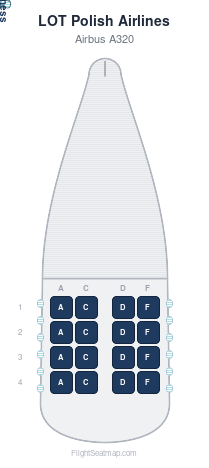 LOT Polish Airlines Airbus A320 seat map layout showing 1-class configuration with 16 seats