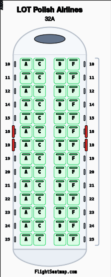 LOT Polish Airlines 32A seat map layout showing 1-class configuration with 56 seats