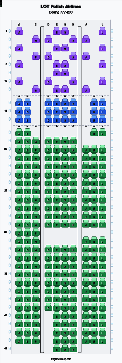LOT Polish Airlines Boeing 777-200 seat map layout showing 3-class configuration with 293 seats