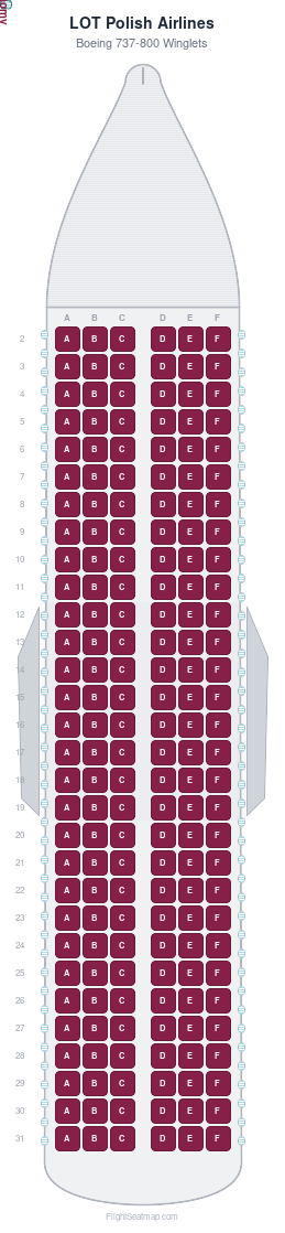 LOT Polish Airlines Boeing 737-800 Winglets seat map layout showing 1-class configuration with 180 seats