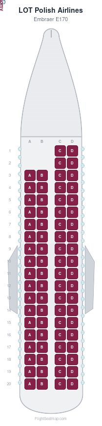 LOT Polish Airlines Embraer E170 seat map layout for flight LO3836 from GDN to WAW