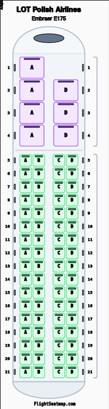 LOT Polish Airlines Embraer E175 seat map layout showing 2-class configuration with 75 seats