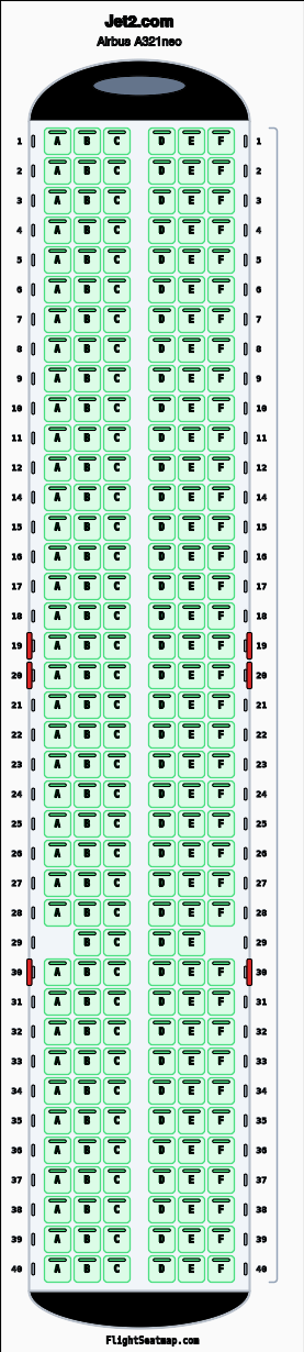 Jet2.com Airbus A321neo seat map layout showing 1-class configuration with 232 seats