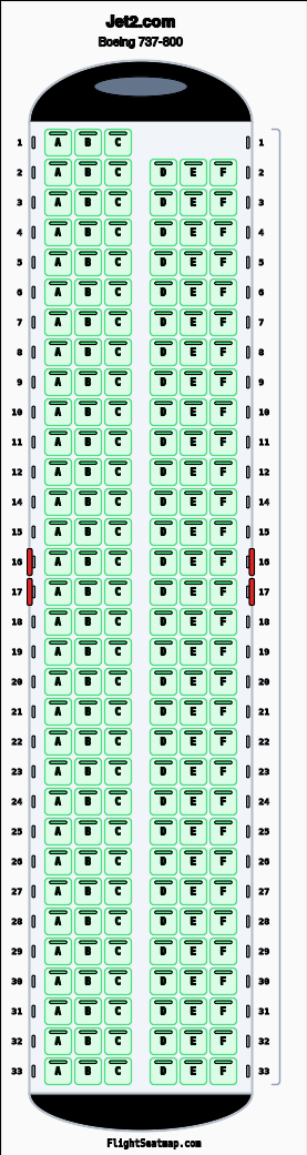 Jet2.com Boeing 737-800 seat map layout showing 1-class configuration with 189 seats