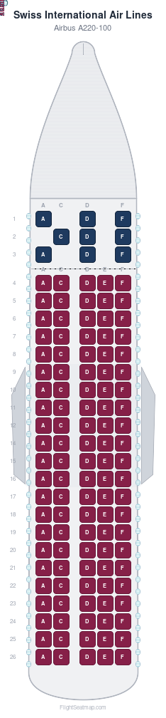 Swiss International Air Lines Airbus A220-100 seat map layout for flight LX1111 from MUC to ZRH