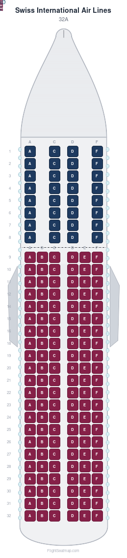 Swiss International Air Lines 32A seat map layout showing 2-class configuration with 164 seats