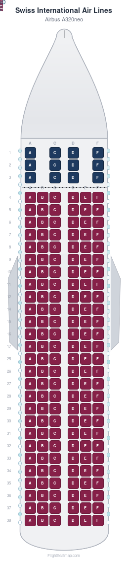 Swiss International Air Lines Airbus A320neo seat map layout showing 2-class configuration with 174 seats