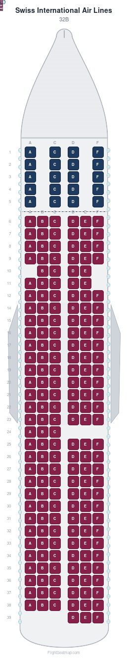 Swiss International Air Lines 32B seat map layout showing 2-class configuration with 209 seats