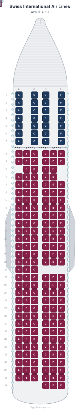 Swiss International Air Lines Airbus A321 seat map layout showing 2-class configuration with 205 seats
