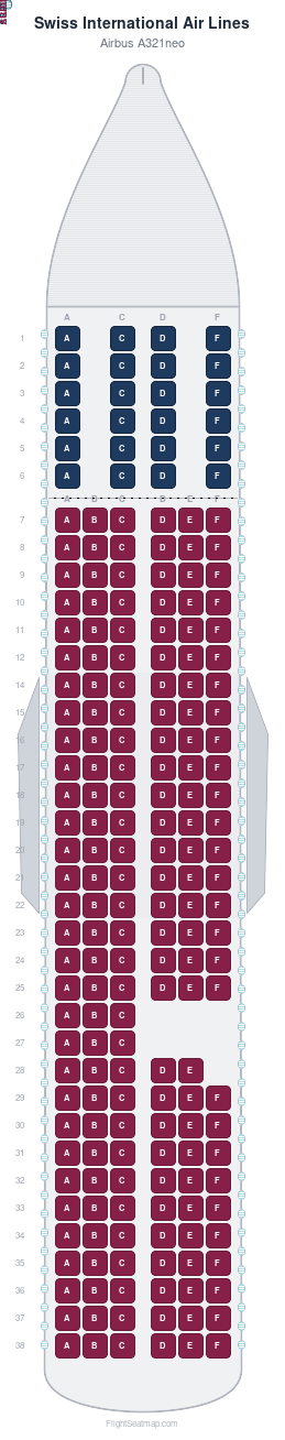 Swiss International Air Lines Airbus A321neo seat map layout for flight LX787 from BRU to ZRH