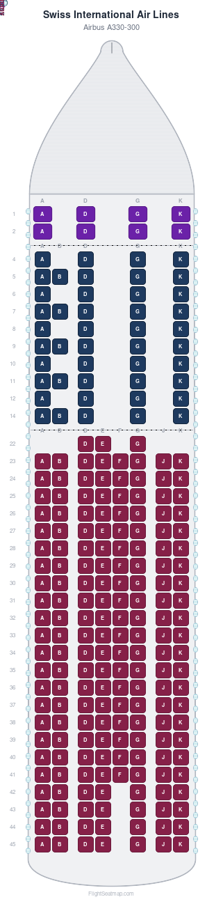 Swiss International Air Lines Airbus A330-300 seat map layout for flight LX53 from BOS to ZRH