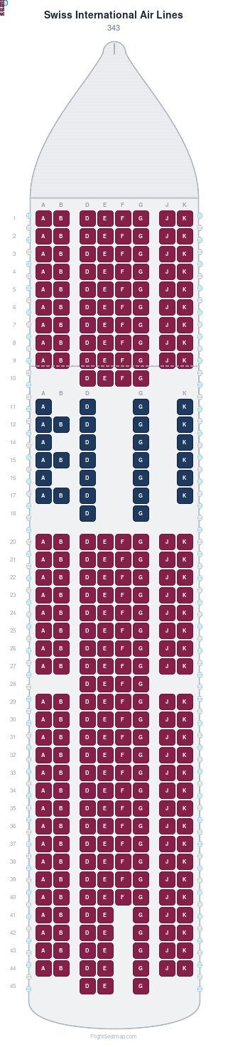 Swiss International Air Lines 343 seat map layout for flight LX8005 from TPA to ZRH