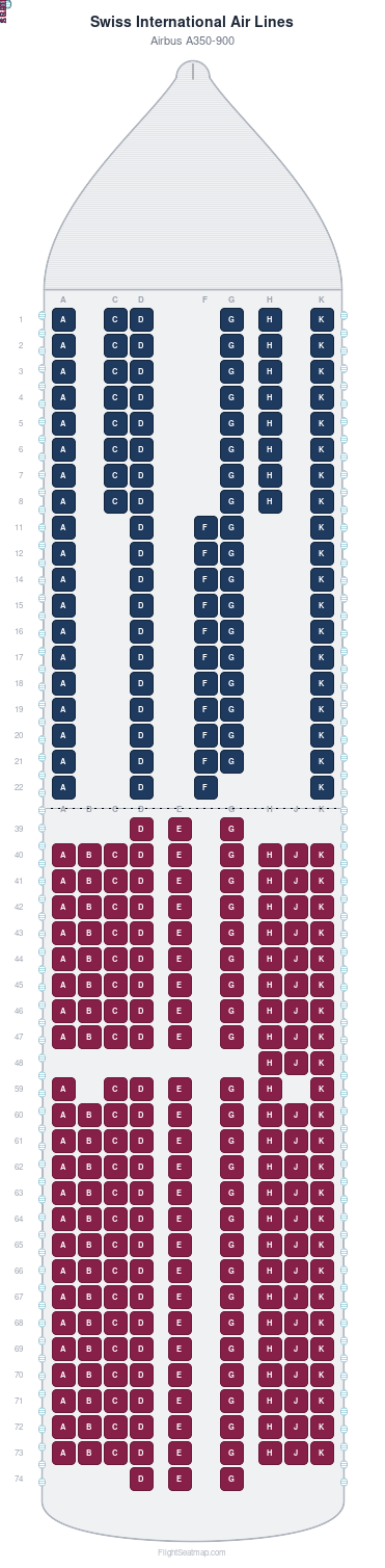 Swiss International Air Lines Airbus A350-900 seat map layout showing 2-class configuration with 316 seats