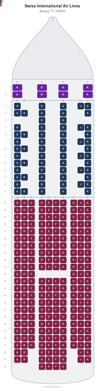 Swiss International Air Lines Boeing 777-300ER seat map layout for flight LX65 from MIA to ZRH