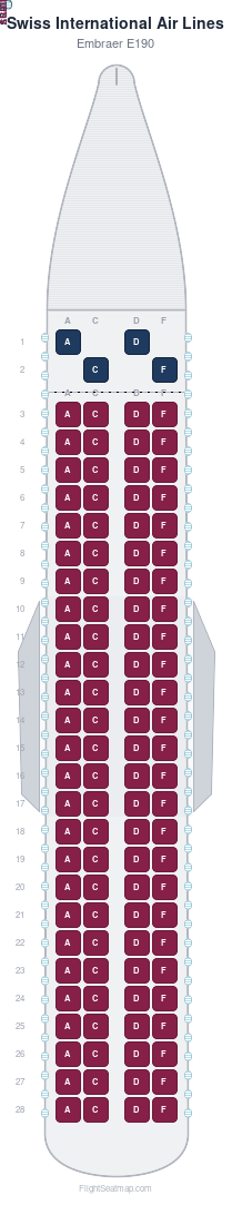 Swiss International Air Lines Embraer E190 seat map layout showing 2-class configuration with 108 seats