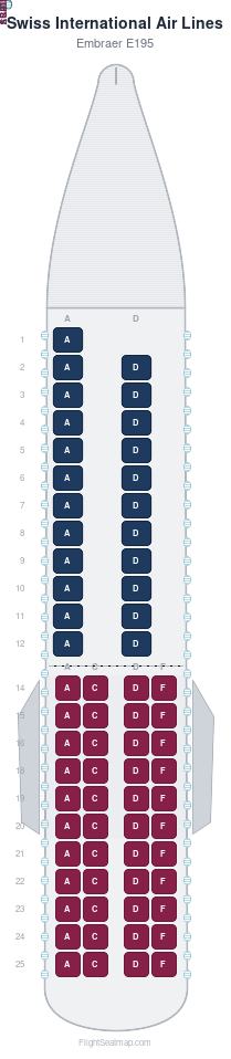 Swiss International Air Lines Embraer E195 seat map layout showing 2-class configuration with 67 seats