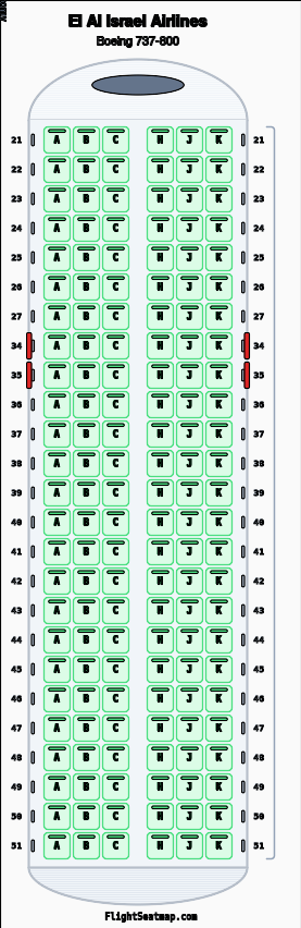 El Al Israel Airlines Boeing 737-800 seat map layout for flight LY2366 from BUD to TLV