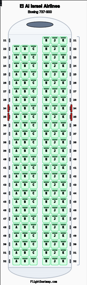 El Al Israel Airlines Boeing 737-900 seat map layout for flight LY319 from TLV to CDG