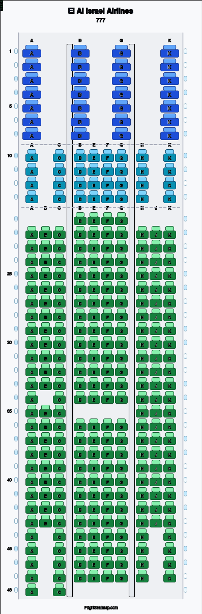 El Al Israel Airlines Boeing 777 seat map layout for flight LY81 from TLV to BKK