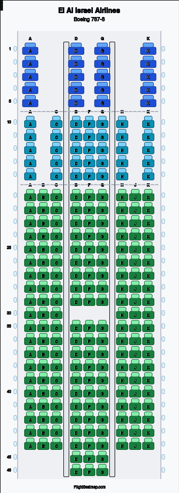 El Al Israel Airlines Boeing 787-8 seat map layout for flight LY318 from LHR to TLV