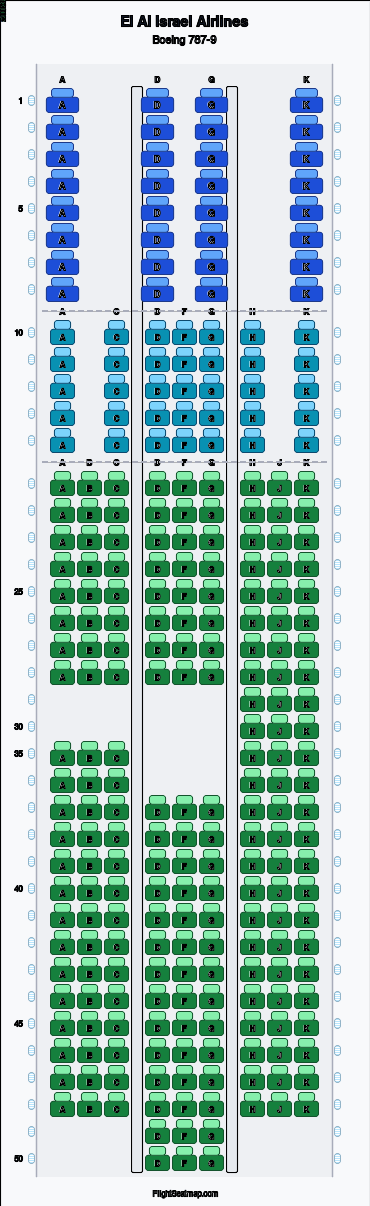 El Al Israel Airlines Boeing 787-9 seat map layout for flight LY315 from TLV to LHR