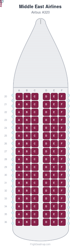 Middle East Airlines Airbus A320 seat map layout showing 1-class configuration with 102 seats
