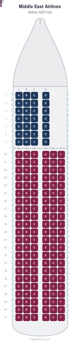 Middle East Airlines Airbus A321neo seat map layout showing 2-class configuration with 160 seats