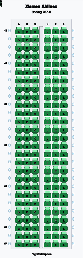 Xiamen Airlines Boeing 787-8 seat map layout showing 1-class configuration with 162 seats