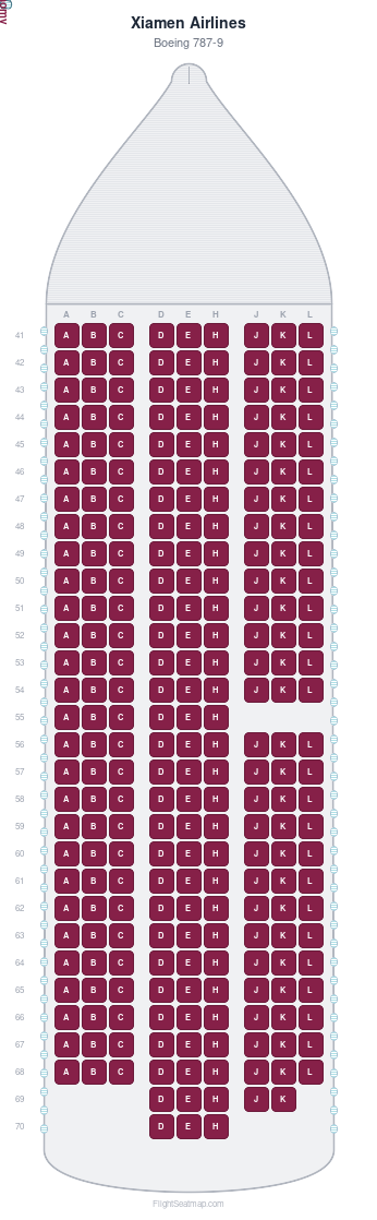 Xiamen Airlines Boeing 787-9 seat map layout showing 1-class configuration with 257 seats