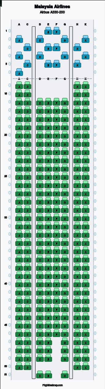 Malaysia Airlines Airbus A330-200 seat map layout for flight MH38 from KUL to ICN