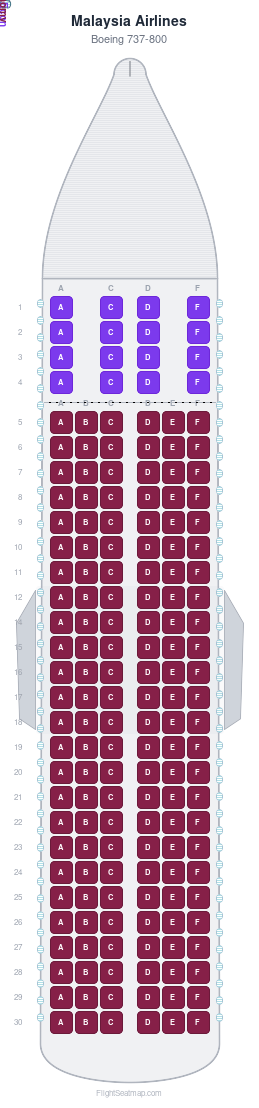 Malaysia Airlines Boeing 737-800 seat map layout for flight MH608 from SIN to KUL