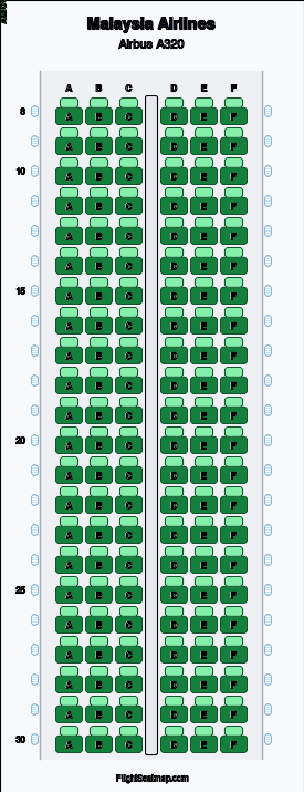 Malaysia Airlines Airbus A320 seat map layout showing 1-class configuration with 132 seats