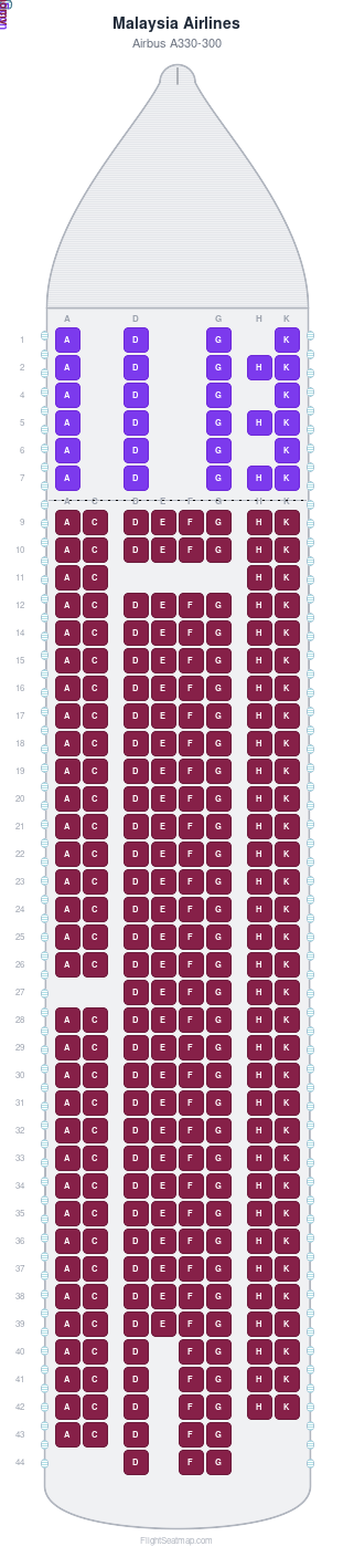 Malaysia Airlines Airbus A330-300 seat map layout for flight MH128 from MEL to KUL