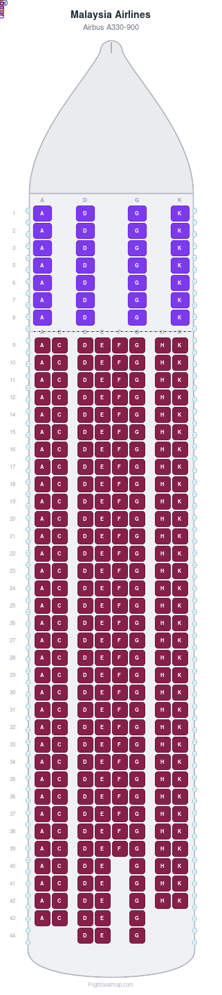 Malaysia Airlines Airbus A330-900 seat map layout for flight MH149 from KUL to MEL