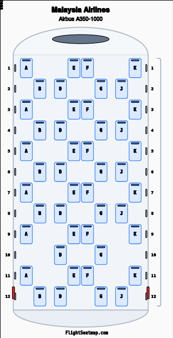 Malaysia Airlines Airbus A350-1000 seat map layout showing 1-class configuration with 46 seats
