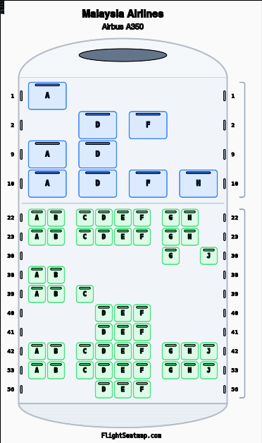 Malaysia Airlines Airbus A350 seat map layout showing 2-class configuration with 59 seats