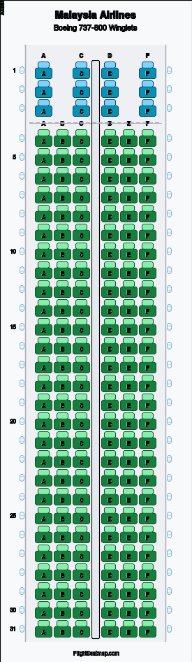 Malaysia Airlines Boeing 737-800 Winglets seat map layout showing 2-class configuration with 174 seats