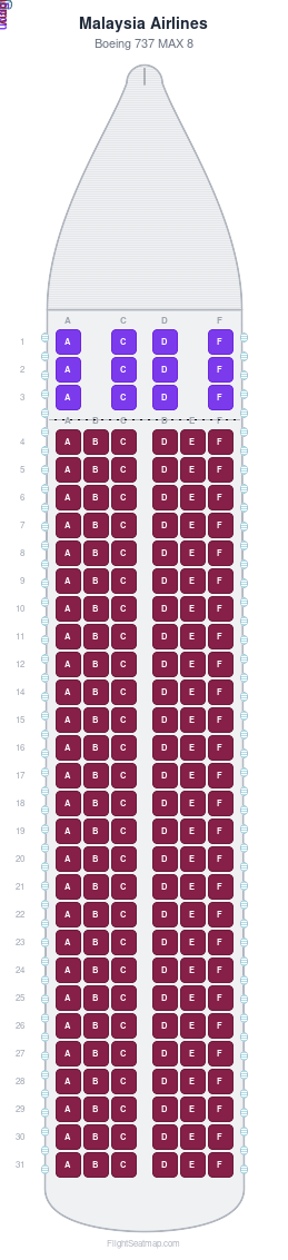 Malaysia Airlines Boeing 737 MAX 8 seat map layout showing 2-class configuration with 174 seats
