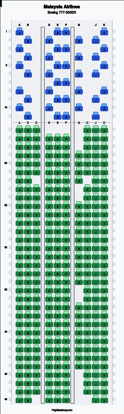 Malaysia Airlines Boeing 777-300ER seat map layout showing 2-class configuration with 354 seats